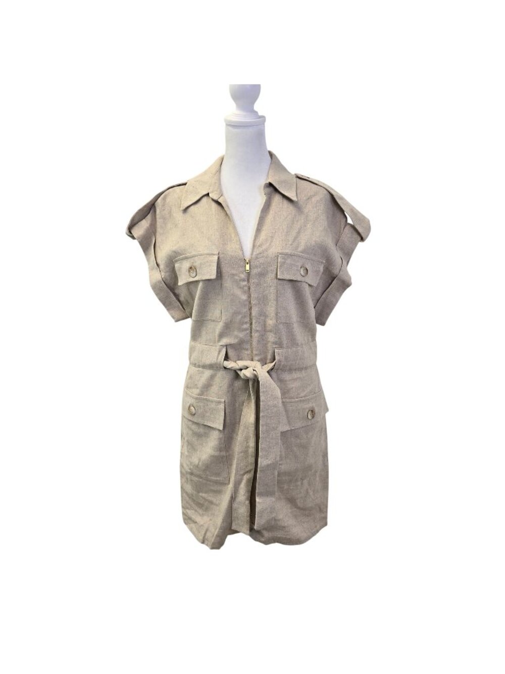 Zara Linen & Viscose Blend Zipper Closure Utility Safari Dress Size Small